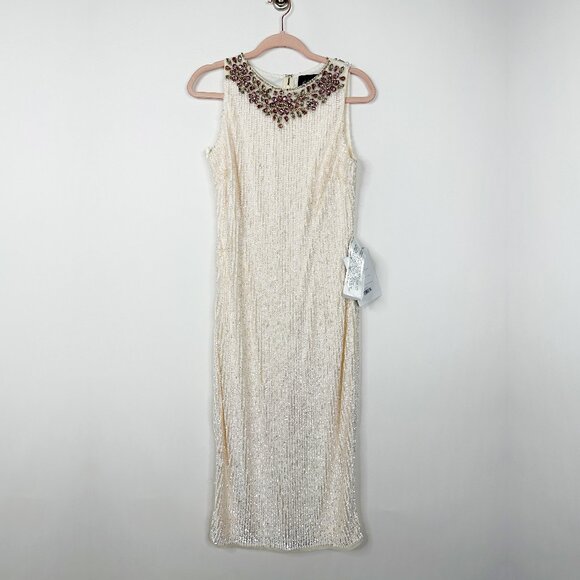 FLAWED - NWT Mac Duggal Fully Sequined Jeweled Dress Porcelain 6 #8463 - Picture 3 of 11